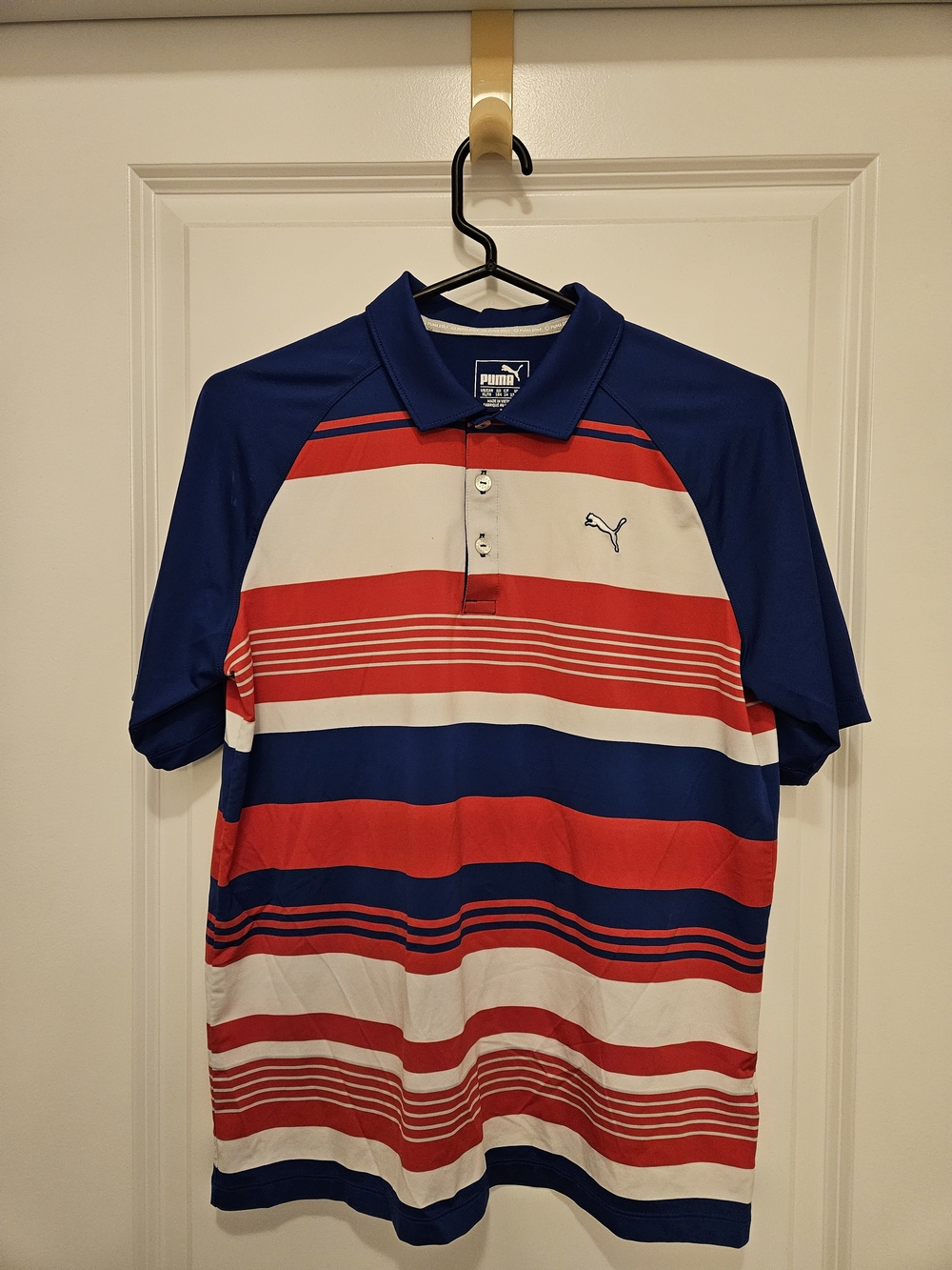 Boys Puma Striped Blue, White and Red Golf Shirt | Boys XL
